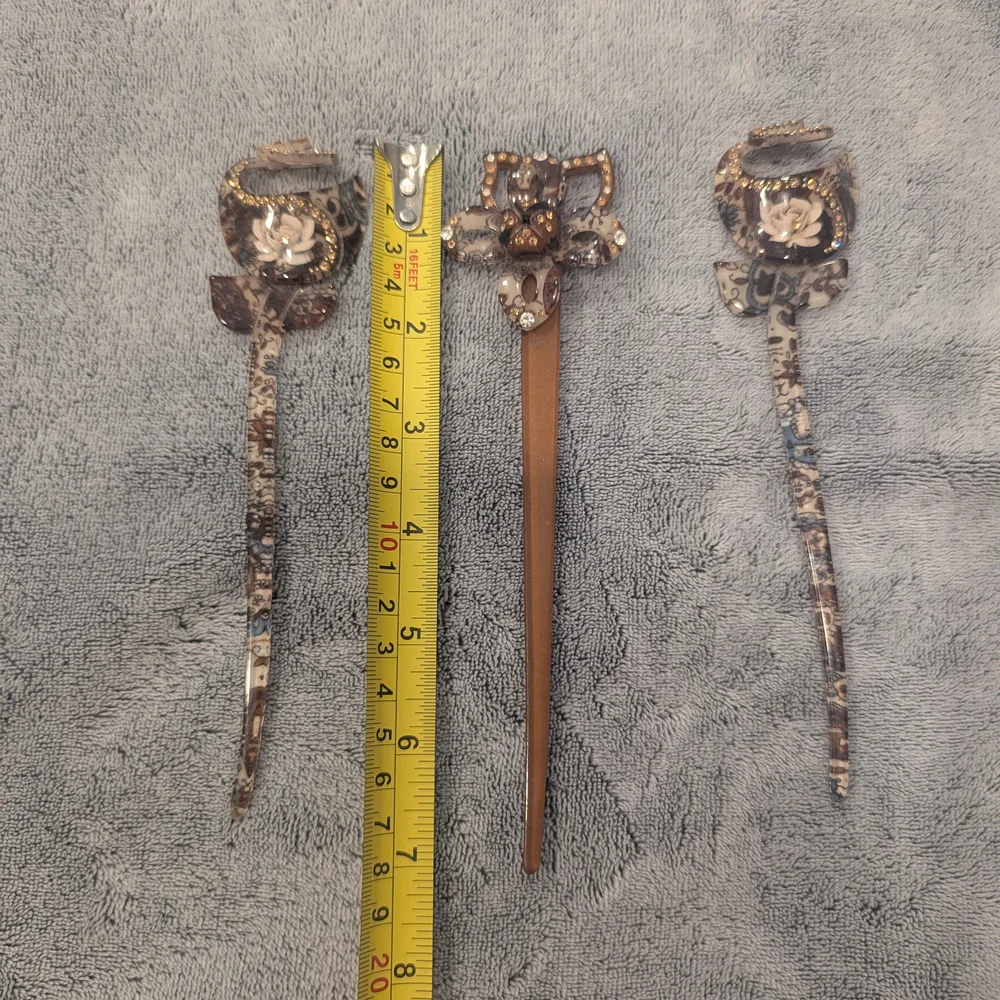 Vintage Art Deco Celluloid Rhinestone Floral Hair Sticks Set - Picture 5 of 6